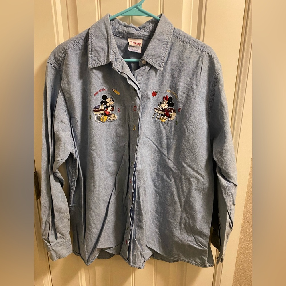 Disney Blue Button Down Shirt with Mickey Mouse Embroidery